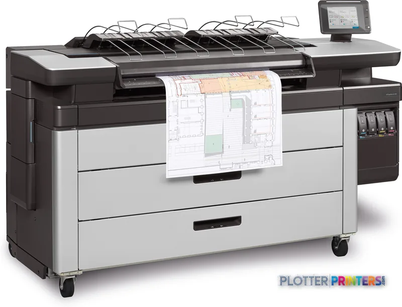 HP PageWide XL 3900 large format printer product image showing black and grey inkjet printer with architectural drawing outp…