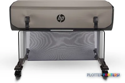 HP Designjet T830 large-format printer product image showing front view with gray top cover and black stand base