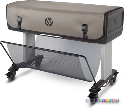 HP Designjet T830 large-format printer product image showing front view with gray hood and black base on wheels