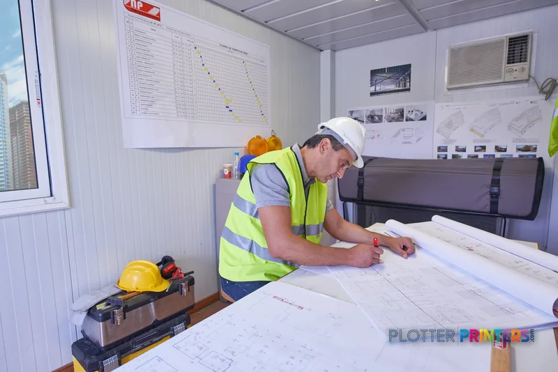 HP Designjet T830 lifestyle image showing construction worker reviewing large-format prints at job site
