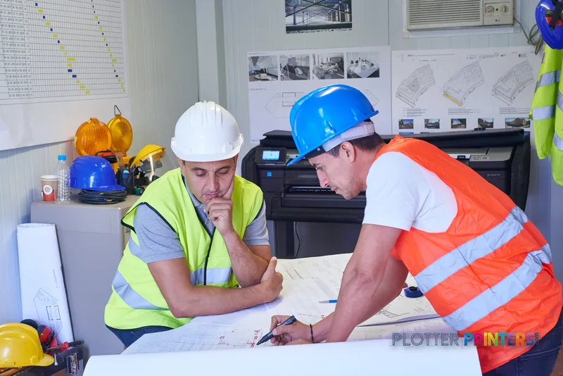 HP Designjet T830 lifestyle image showing two construction workers reviewing large format prints at a job site office