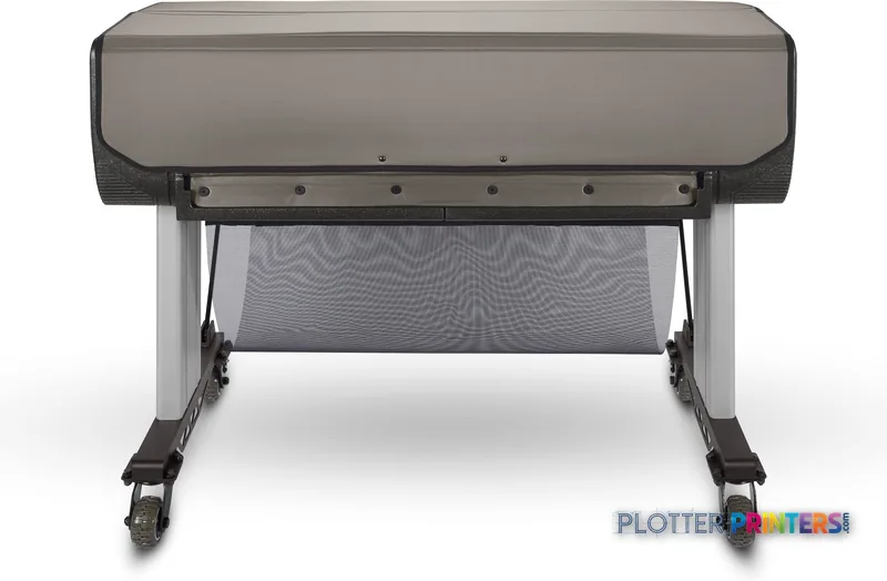 HP Designjet T830 large format printer product image showing front view with gray hood and white paper output tray
