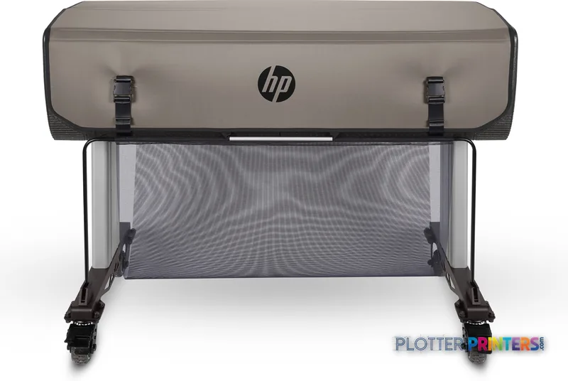 HP Designjet T830 large-format printer product image showing front view with gray top cover and black stand base
