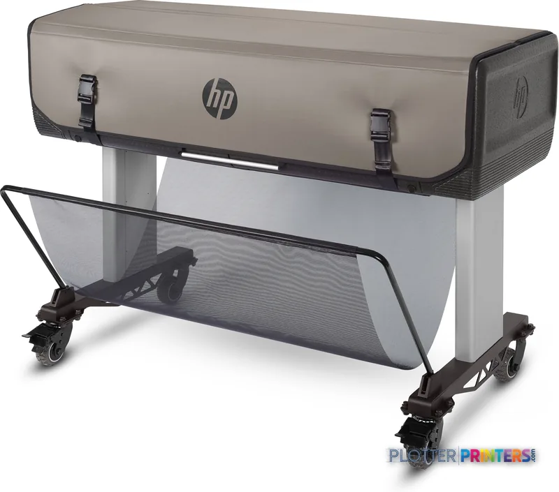 HP Designjet T830 large-format printer product image showing front view with gray hood and black base on wheels