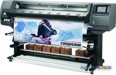 HP Latex 375 Printer Europe large-format printer in grey, front product view with colorful sports print output
