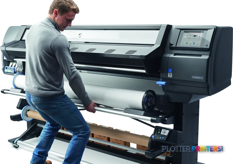 Man operating HP Latex 375 Printer Europe large-format printer with grey and black design, loading media