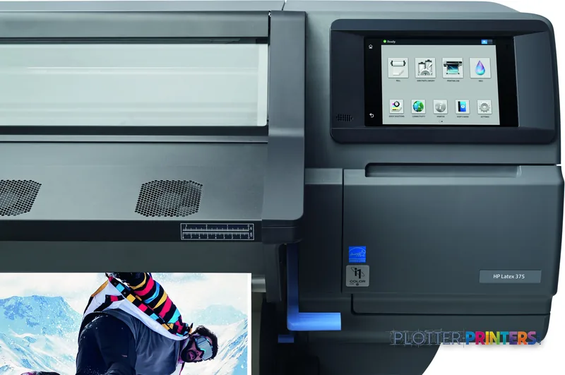 HP Latex 375 Printer Europe product image showing grey large-format printer with touchscreen display and sample print output