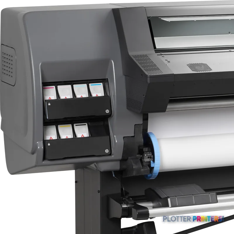 HP Latex 375 Printer Europe product image showing grey printer with dual ink cartridge bays and white media roll