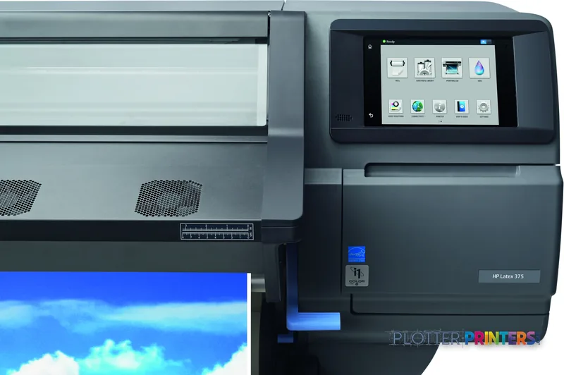 HP Latex 375 Printer Europe product image showing grey large-format printer with touchscreen display and blue sample print o…