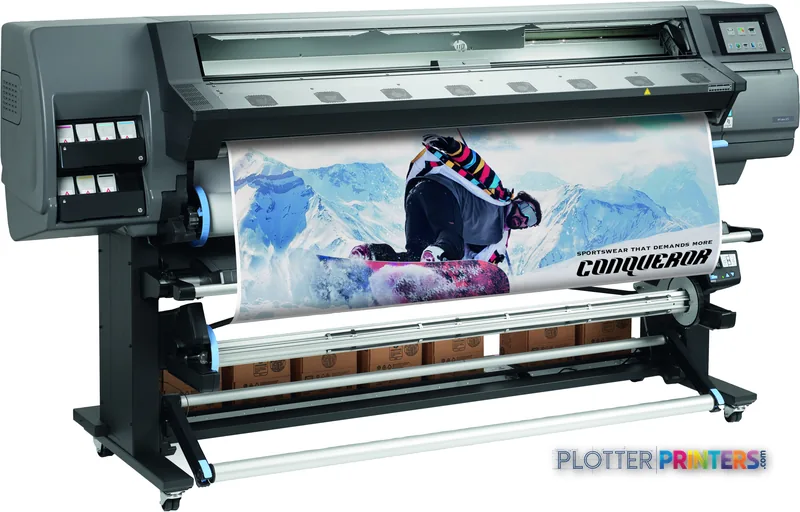 HP Latex 375 Printer Europe large-format printer in grey with a colorful sports poster printing on wide media