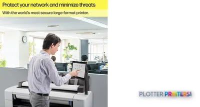 HP DesignJet T2600 36-in PostScript Multifunction Printer with annotated features showing operator at control panel