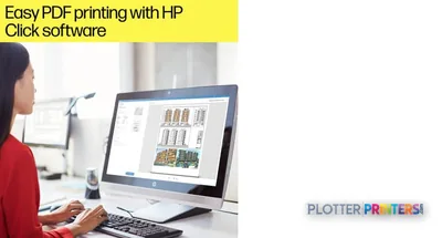 HP DesignJet T2600 36-in PostScript Multifunction Printer feature callout showing Click software interface on computer monit…