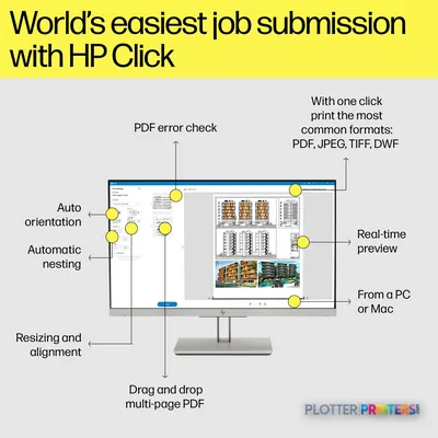 HP DesignJet T2600 36-in PostScript Multifunction Printer feature callout showing HP Click software interface with labeled f…