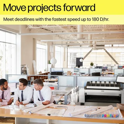 HP DesignJet T2600 36-in PostScript Multifunction Printer in white, shown in office environment with architects reviewing la…