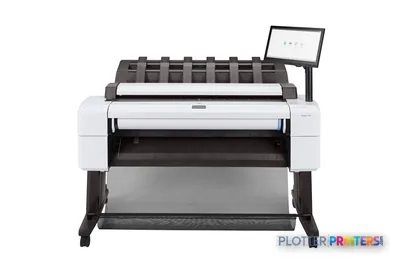 HP DesignJet T2600 36-in PostScript Multifunction Printer front-center view showing white printer body with roll feed system…