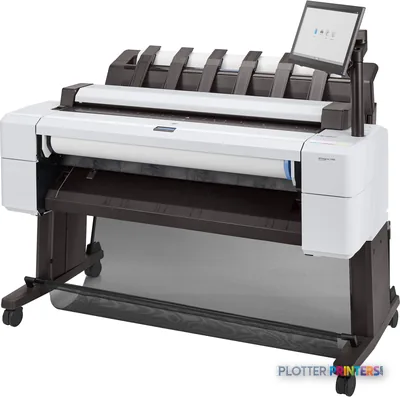 HP DesignJet T2600 36-in PostScript Multifunction Printer front-left view showing white printer body with black stand and to…