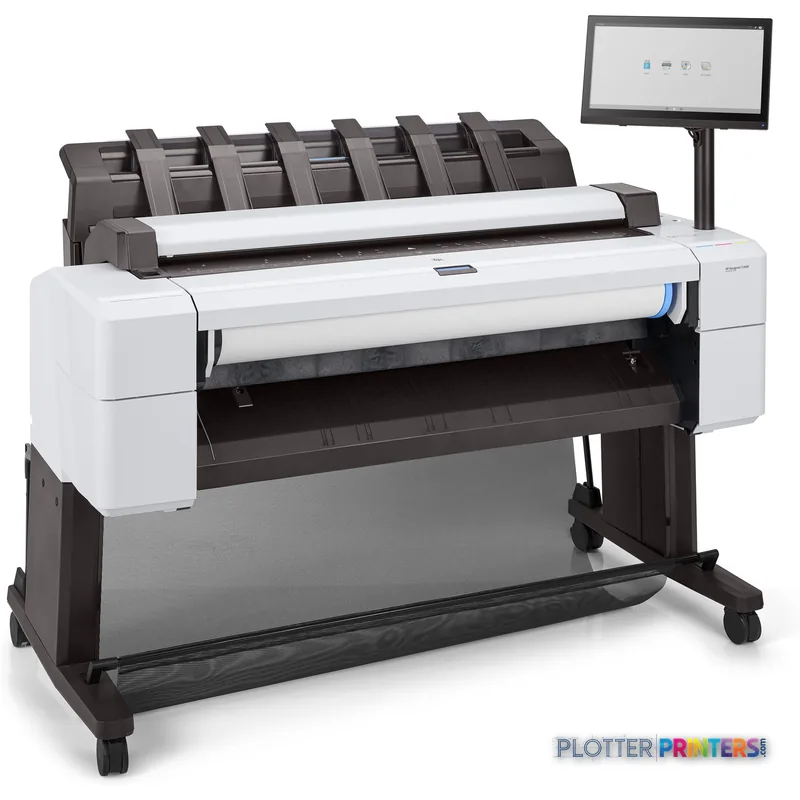 HP DesignJet T2600 36-in PostScript Multifunction Printer product detail view showing white printer with open paper tray and…