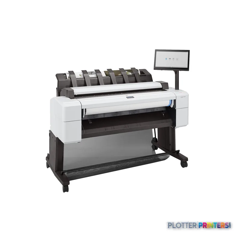 HP DesignJet T2600 36-in PostScript Multifunction Printer product detail view showing white printer with roll feed system an…