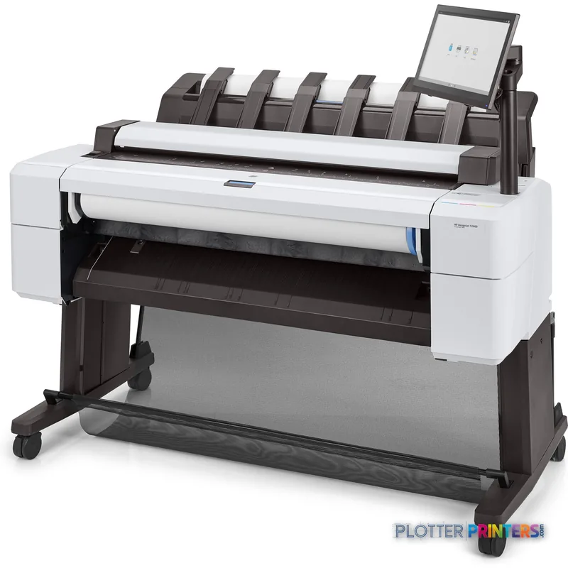 HP DesignJet T2600 36-in PostScript Multifunction Printer product detail view showing white printer with black stand and int…
