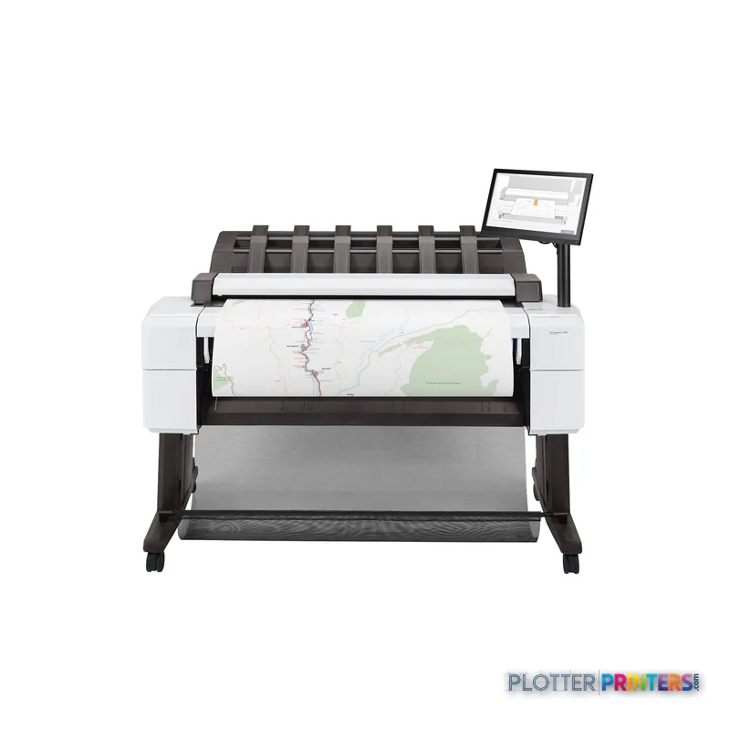 HP DesignJet T2600 36-in PostScript Multifunction Printer product detail view showing white printer with map output and touc…