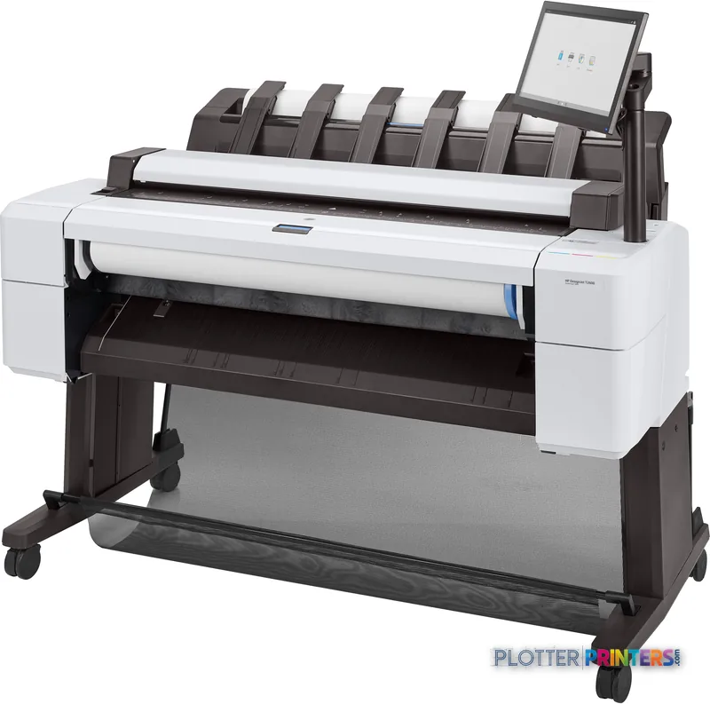 HP DesignJet T2600 36-in PostScript Multifunction Printer front-left view showing white printer body with black stand and to…