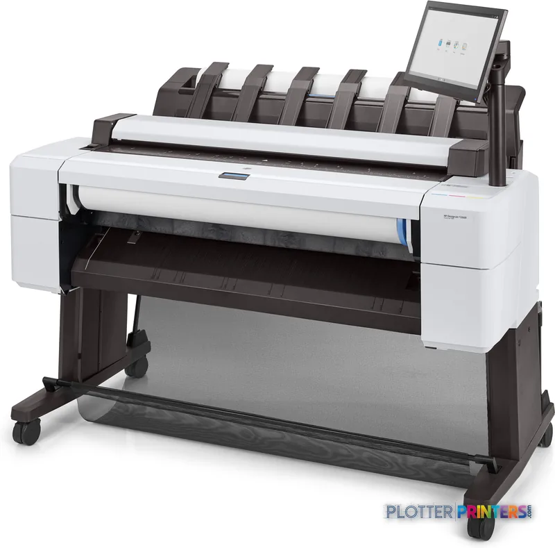 HP DesignJet T2600 36-in PostScript Multifunction Printer front-left view showing white printer body with paper roll feed an…