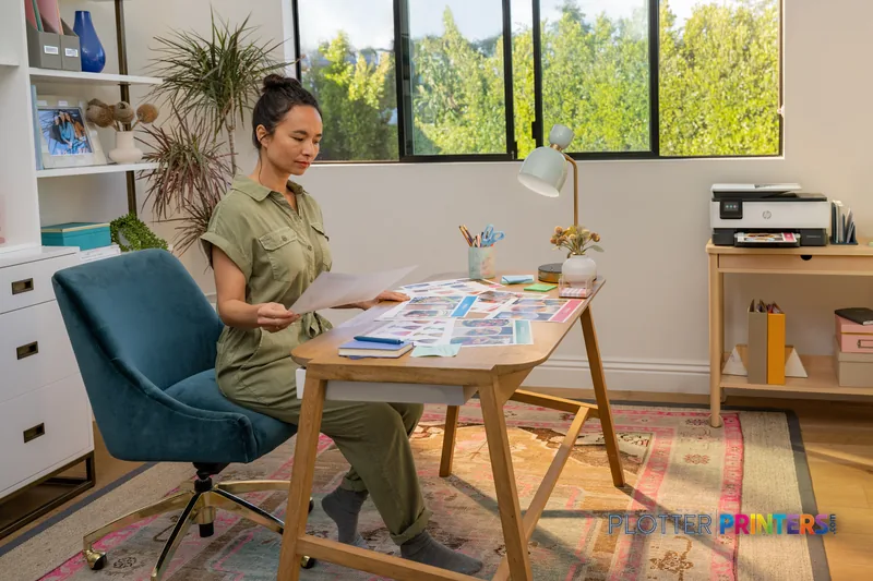 HP DesignJet T2600 36-in PostScript Multifunction Printer lifestyle image showing white printer on desk in modern office