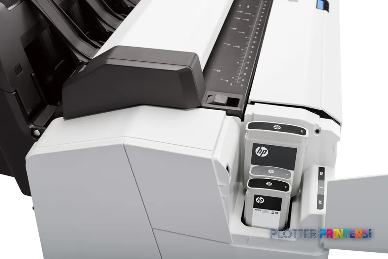 HP DesignJet T2600 36-in PostScript Multifunction Printer detail view showing ink cartridge system and control panel
