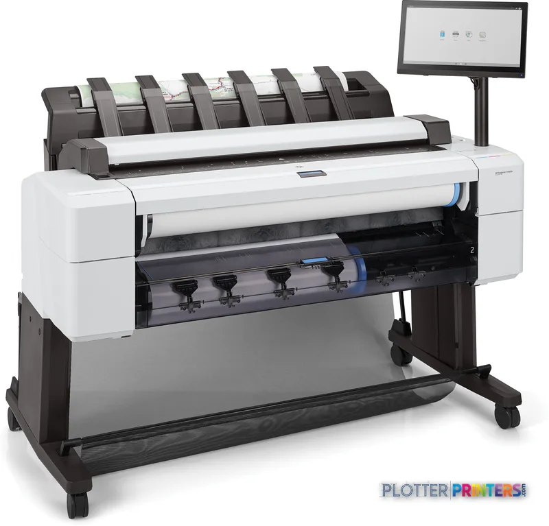 HP DesignJet T2600 36-in PostScript Multifunction Printer product image showing white printer with open media roll compartme…