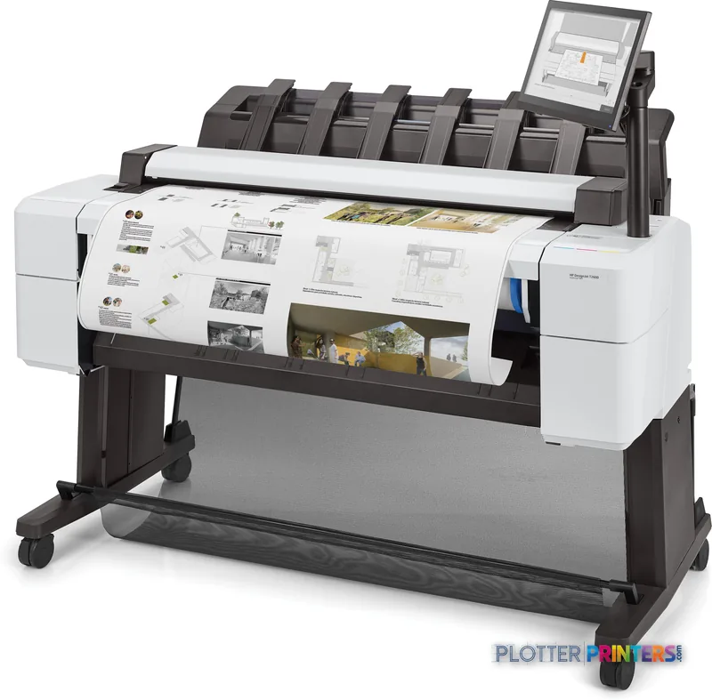 HP DesignJet T2600 36-in PostScript Multifunction Printer product image showing white printer with black stand and integrate…