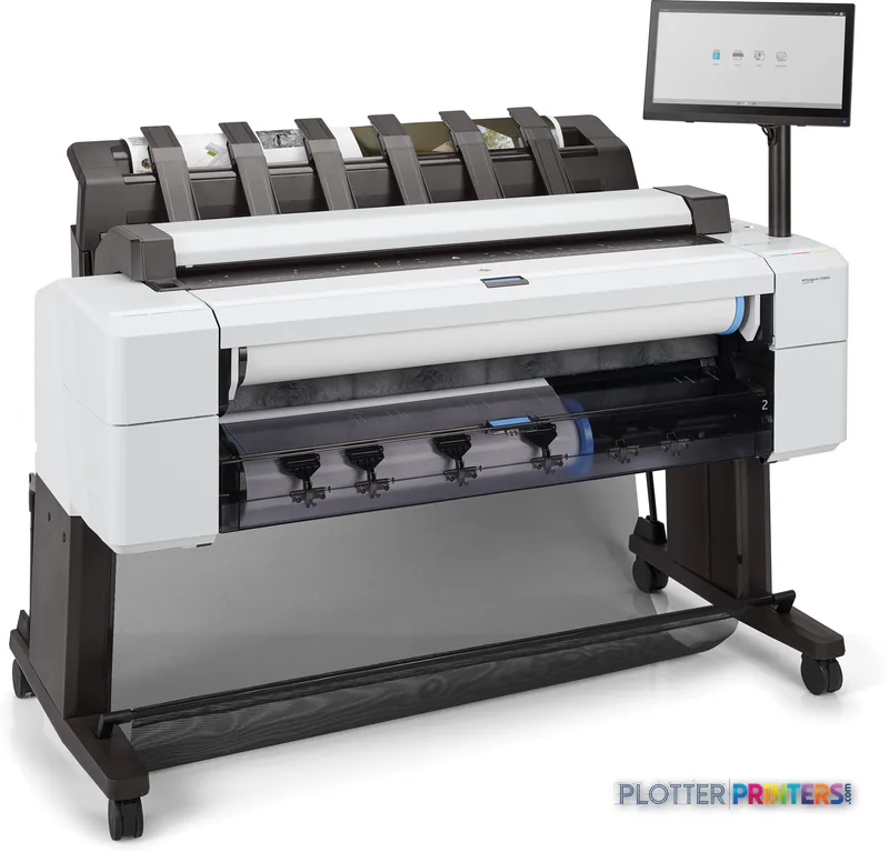 HP DesignJet T2600 36-in PostScript Multifunction Printer product image showing white printer with media roll and touchscree…