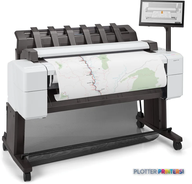 HP DesignJet T2600 36-in PostScript Multifunction Printer product image showing white printer with map output