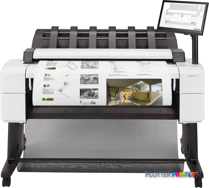 HP DesignJet T2600 36-in PostScript Multifunction Printer product image showing white printer with output tray and touchscre…