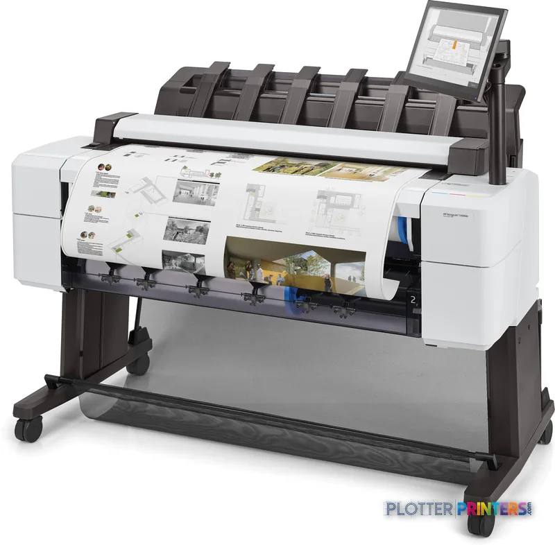 HP DesignJet T2600 36-in PostScript Multifunction Printer product image showing white printer with black stand and integrate…