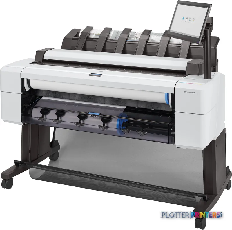 HP DesignJet T2600 36-in PostScript Multifunction Printer product image showing white printer with paper roll holders and to…