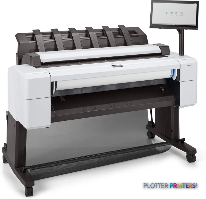 HP DesignJet T2600 36-in PostScript Multifunction Printer product image showing white printer with open paper tray and touch…