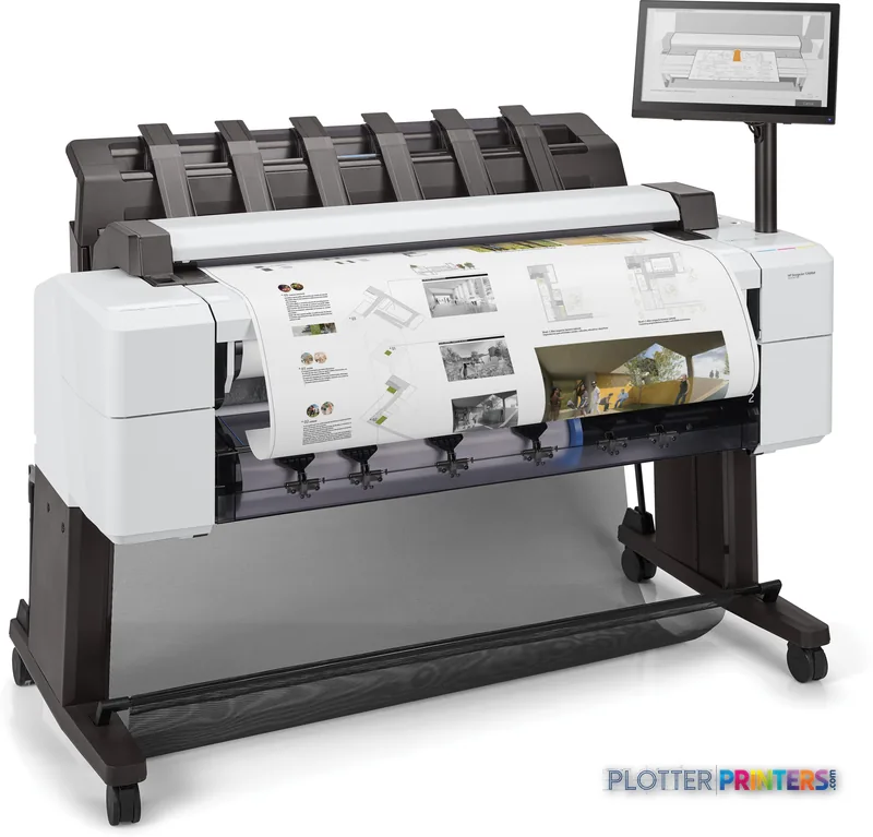 HP DesignJet T2600 36-in PostScript Multifunction Printer product image showing white printer with paper output and control…