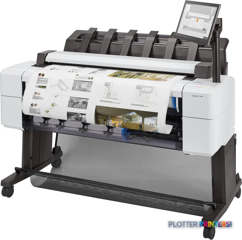HP DesignJet T2600 36-in PostScript Multifunction Printer product image showing white printer with black stand and integrate…