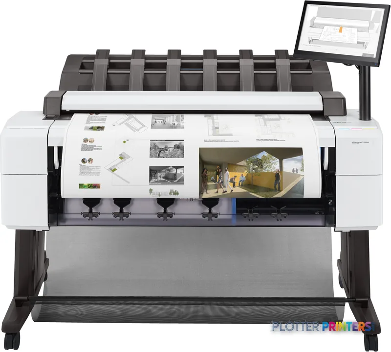 HP DesignJet T2600 36-in PostScript Multifunction Printer product image showing white printer with media loaded and touchscr…