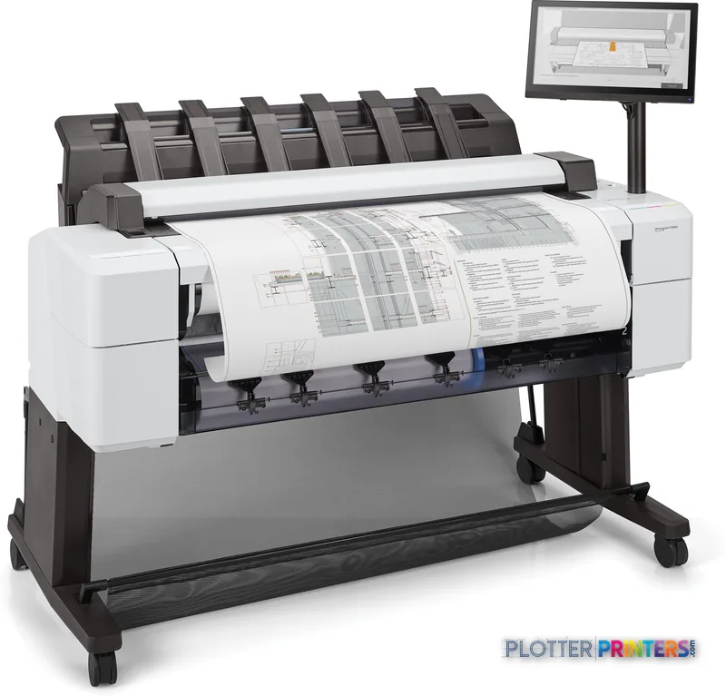HP DesignJet T2600 36-in PostScript Multifunction Printer product image showing white printer with architectural drawing out…