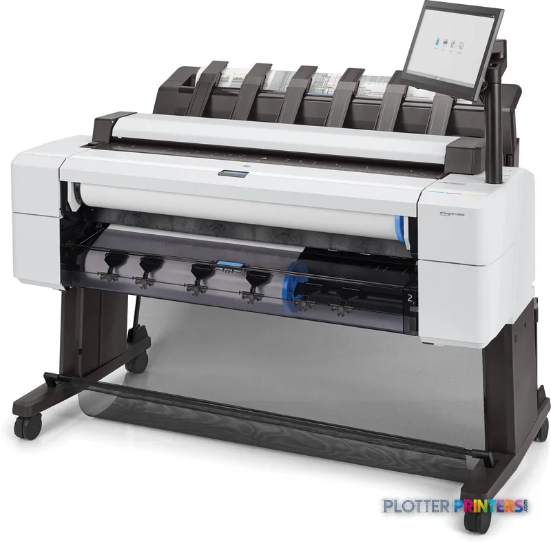 HP DesignJet T2600 36-in PostScript Multifunction Printer product image showing white printer with black stand and integrate…