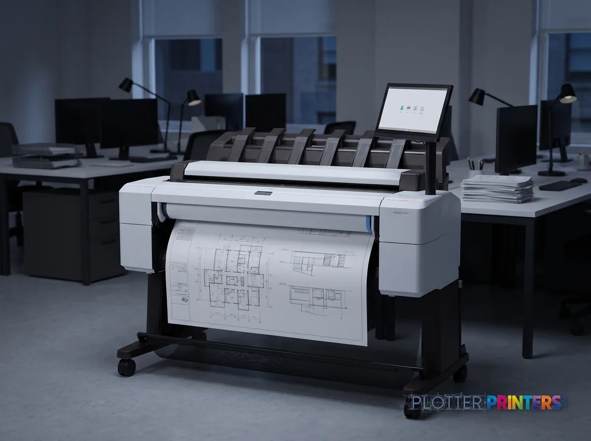 HP DesignJet T2600 36-in PostScript Multifunction Printer in an engineering office with a technical drawing at its print slot (staged scene from manufacturer product photography)