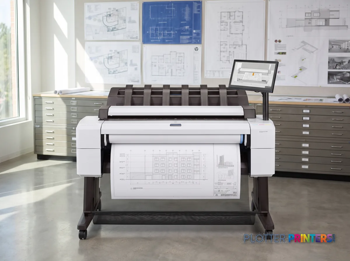 HP DesignJet T2600 36-in PostScript Multifunction Printer in a plan room beside flat-file drawers, printing a CAD elevation (staged scene from manufacturer product photography)
