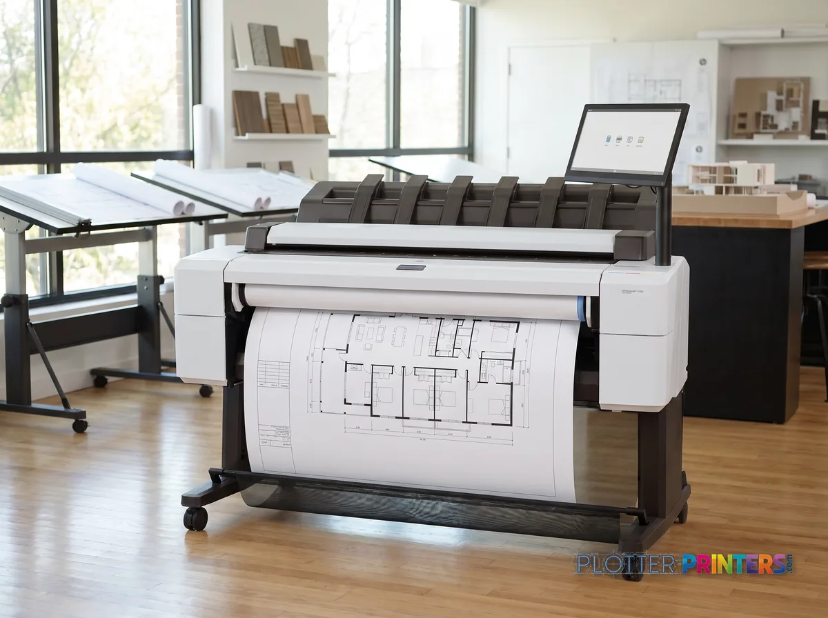 HP DesignJet T2600 36-in PostScript Multifunction Printer in a bright architecture studio, printing a large floor plan (staged scene from manufacturer product photography)