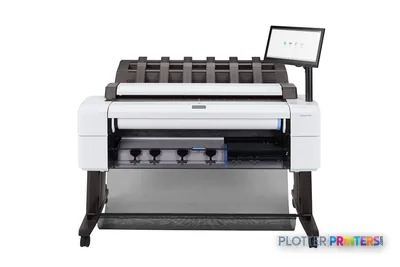 HP DesignJet T2600dr 36-in PostScript Multifunction Printer front-center view with white body, media roll, and touchscreen d…