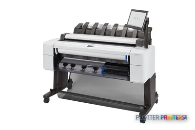HP DesignJet T2600dr 36-in PostScript Multifunction Printer front-left view showing white printer body with integrated touch…