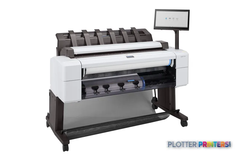 HP DesignJet T2600dr 36-in PostScript Multifunction Printer front-right view showing white printer body with paper roll feed…