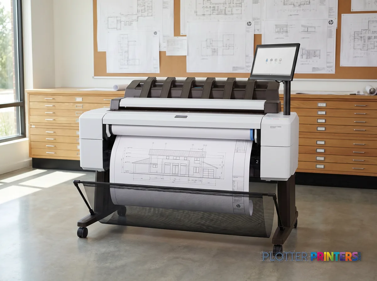 HP DesignJet T2600dr 36-in PostScript Multifunction Printer in a plan room beside flat-file drawers, printing a CAD elevation (staged scene from manufacturer product photography)