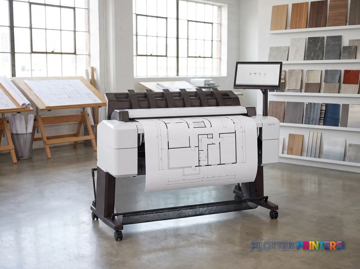 HP DesignJet T2600dr 36-in PostScript Multifunction Printer in a bright architecture studio, printing a large floor plan (staged scene from manufacturer product photography)