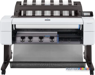 HP DesignJet T1600dr 36-in PostScript Printer front-center view showing white printer body with dark gray ink cartridge asse…